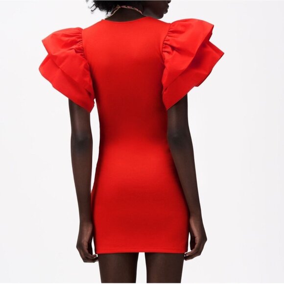 Zara Red Ruffle Sleeve Bodycon Mini Dress Size S - Picture 13 of 13